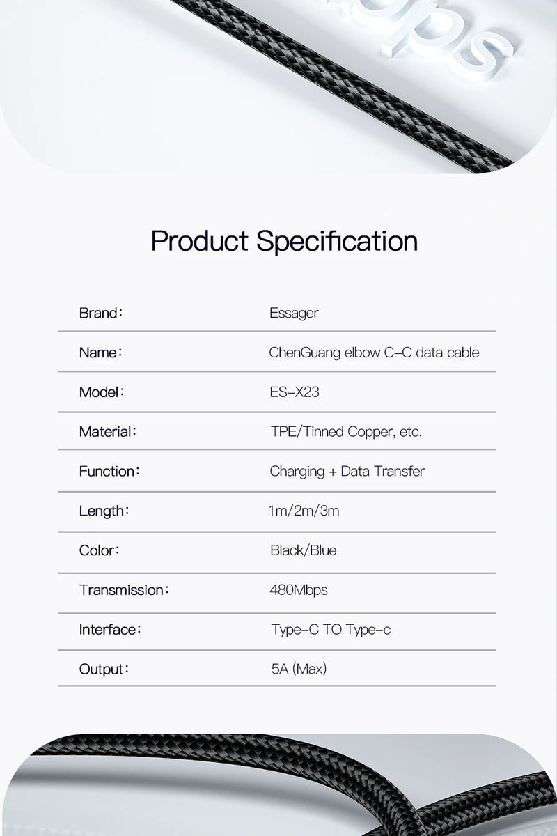 CABO-USB tipo C para cabo USB C, ângulo de 90 graus, iPad MacBook Pro, Xiaomi, Samsung, Huawei, carregamento rápido